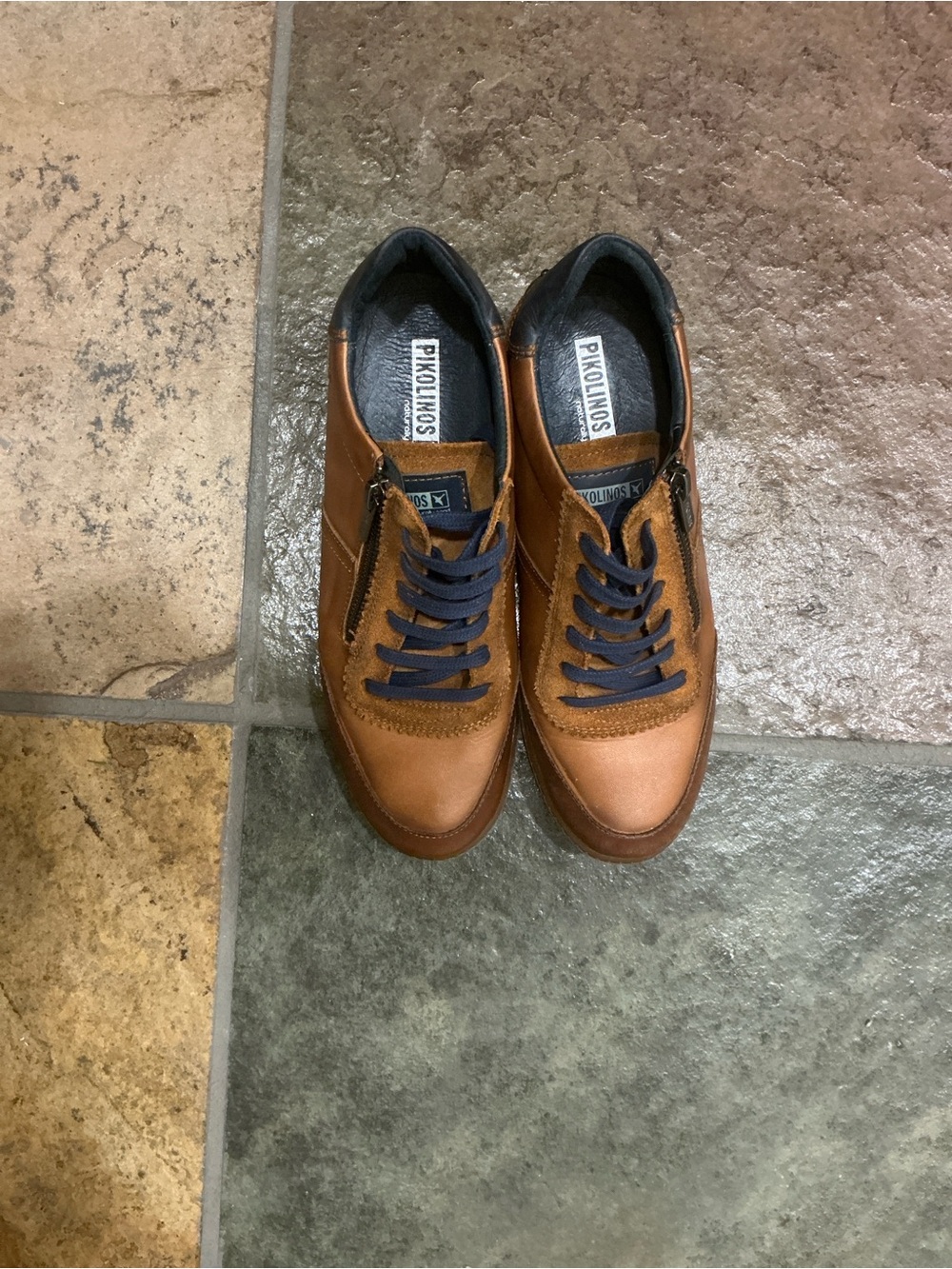 PIKOLINOS Tan and Navy Leather Casual Lace-Up Sneakers